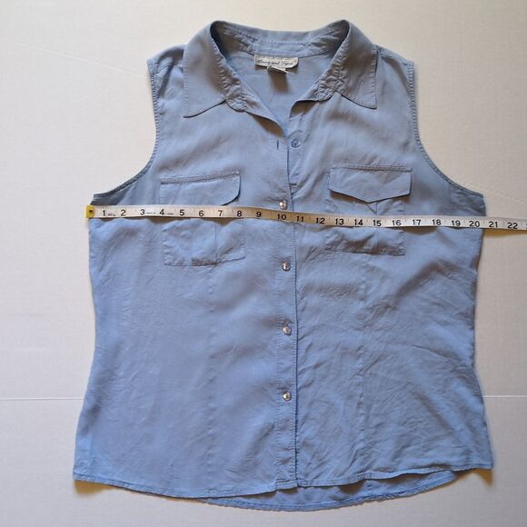 Anna & Frank Womens L 100% Silk Sleeveless Collared Blouse Blue Top Pockets - Picture 7 of 10